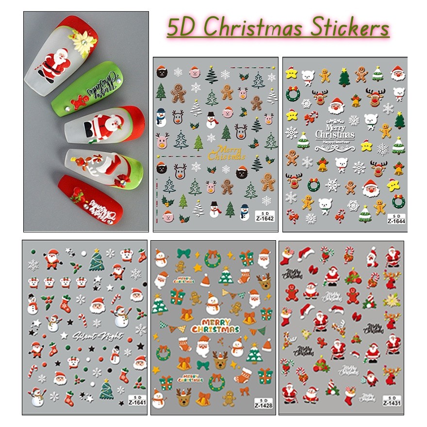 ตกแต่งเล็บสติ๊กเกอร์ติดเล็บ 5D Santa Claus Snowman Elk สติ๊กเกอร์คริสต์มาส