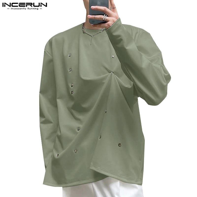 Incerun ผู้ชายเกาหลีปุ่ม Deconstructed Design รอบคอหลวมสีทึบเสื้อยืดลําลอง