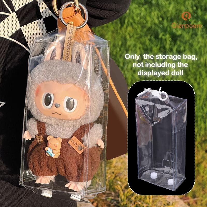 {Qianpoem} Labubu Doll Display Storage Bag Transparent Organizer Keychain Portable Dust-Proof Case Mystery Bags For Anime Cartoon Dolls ใหม่