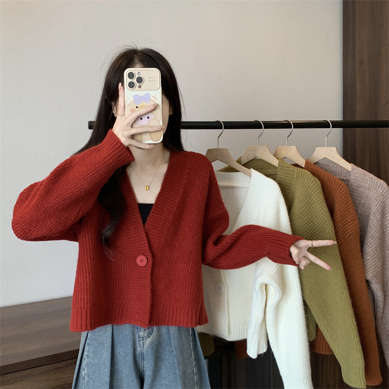 Floerns เสื้อไหมพรม​คอวี เสื้อคาร์ดิแกนผู้หญิง สีพื้น สไตล์ลำลอง