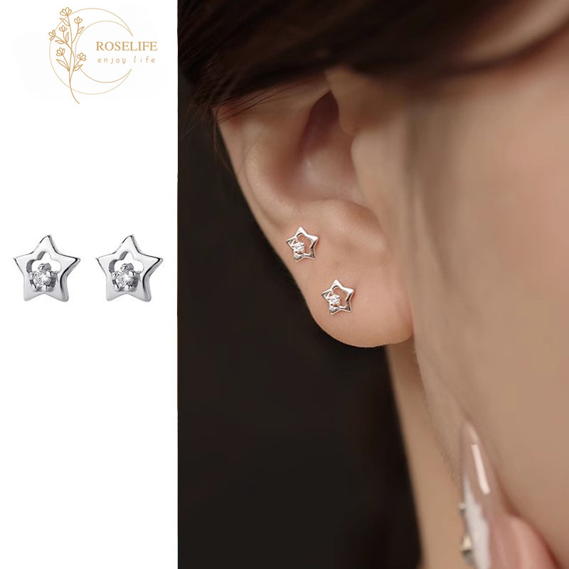 Roselife S925 เงิน Shining คริสตัล Star Pierced ต่างหูสําหรับผู้หญิงสาว Hypoallergenic เรขาคณิตหูเครื่องประดับอุปกรณ์เสริม