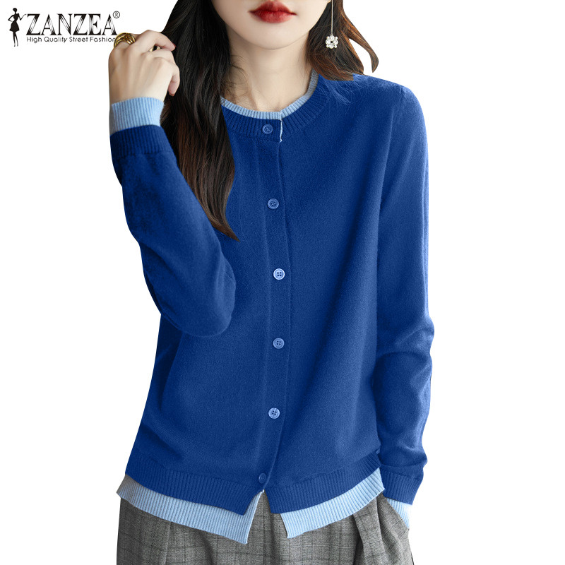 Zanzea เสื้อคาร์ดิแกนคอกลมแขนยาวลําลองเกาหลีสําหรับผู้หญิง