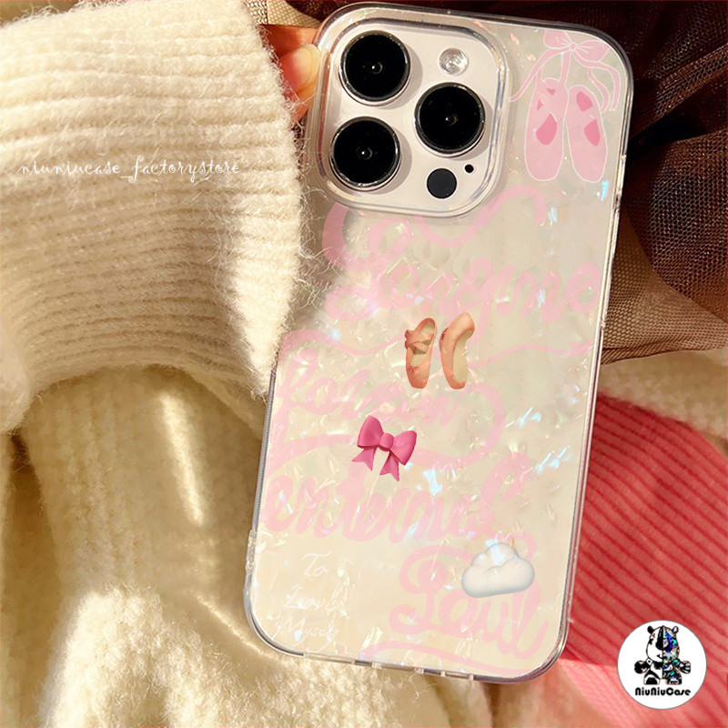 เคสไอโฟน11 16 ลายการ์ตูน โฮโลแกรมเลเซอร์ใสเคสลายเปลือกหอย โบว์สีชมพู Case For iPhone 11 12 13 14 15 Pro Max X 7P XR เคส