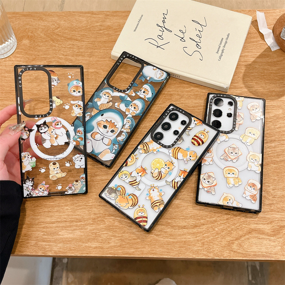 Casetifg น่ารักแมวสีส้มกันกระแทกแม่เหล็กเคสโทรศัพท์พร้อมกล่องสําหรับ Samsung Galaxy S24 S23 S22 Ultra Plus ปลอกชาร์จไร้สายตัวอักษรด้านข้างปกป้องปกแข็งที่ชัดเจน