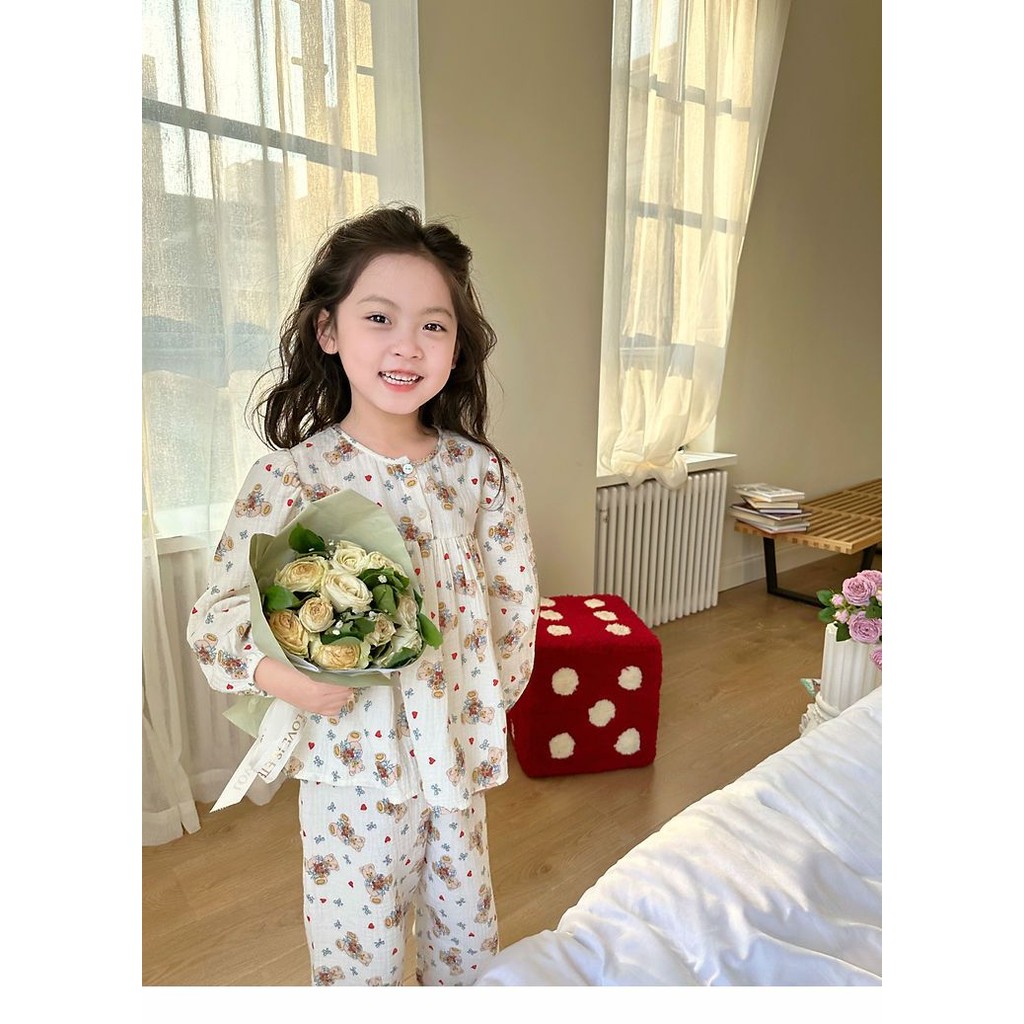 สาวแขนยาวชุดนอนชุดฤดูใบไม้ผลิฤดูใบไม้ร่วงแฟชั่นสไตล์ใหม่เวอร์ชั่นเกาหลีผ้าฝ้ายแท้นุ่มสบายระบายอากาศการ์ตูนหมีพิมพ์ ชุดลําลอง สอง-