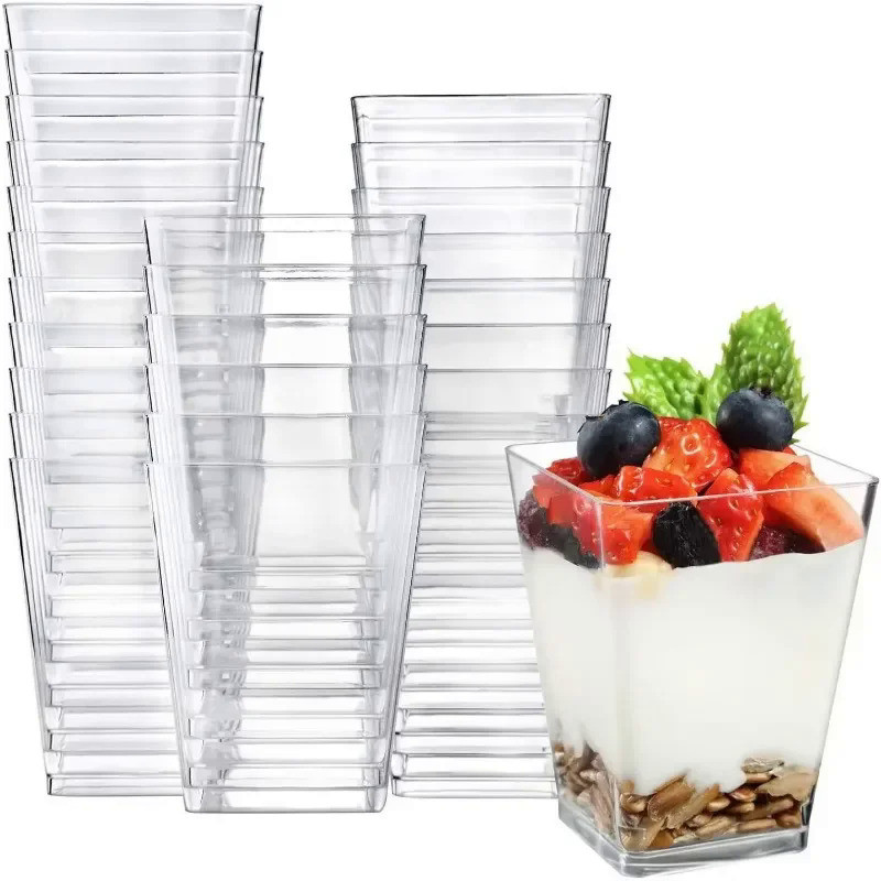 Disposable plastic mousse cups clear ladder square pudding jelly cups rigid dessert stand wood bran 