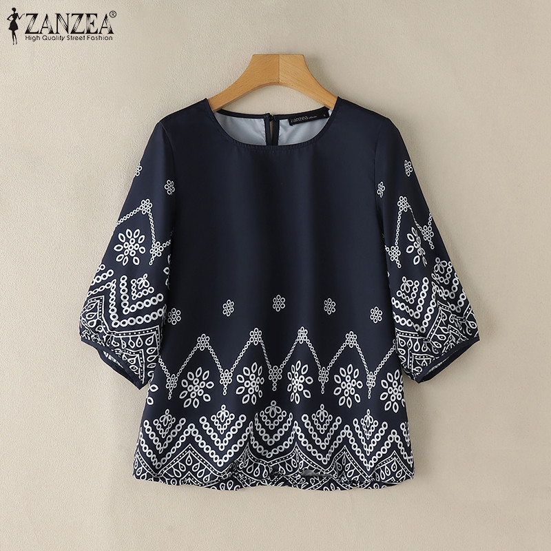 Zanzea เสื้อเบลาส์ปุ่มแขนโคมไฟการพิมพ์แฟชั่นเกาหลีสําหรับผู้หญิง