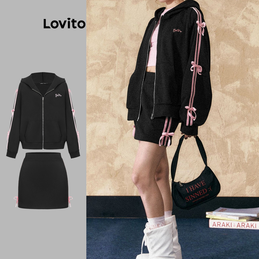 Lovito ชุดกระโปรงเทปคอนทราสต์ซิปธรรมดาแบบสบาย ๆ สำหรับผู้หญิง L106AD658