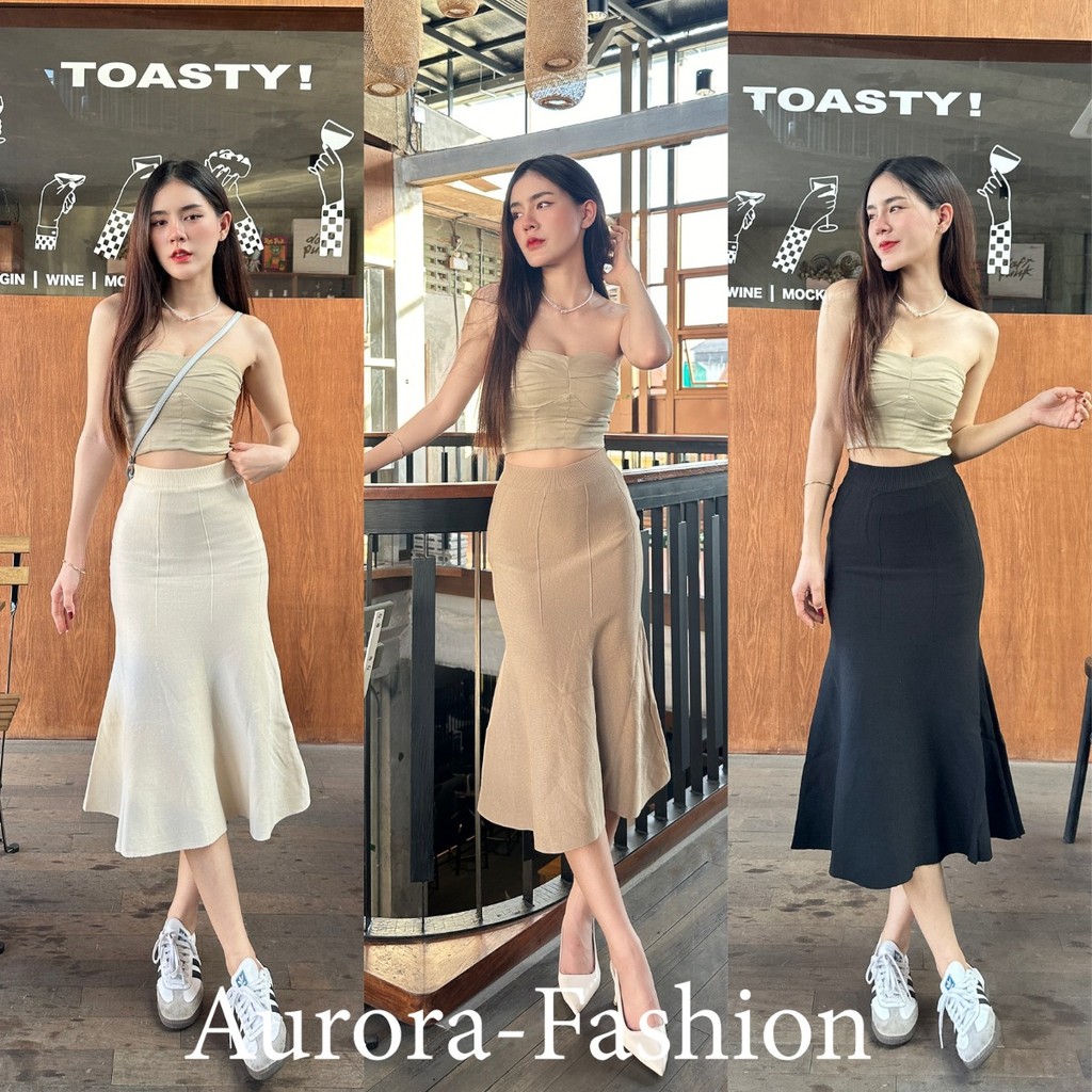 Aurora พร้อมส่ง กระโปรง ไหมพรม เอวยืด ผ้าทิ้งตัว ระดับไฮเอนด์ ผ้าเดรป ใส่สบาย ทรงหางปลา M2341