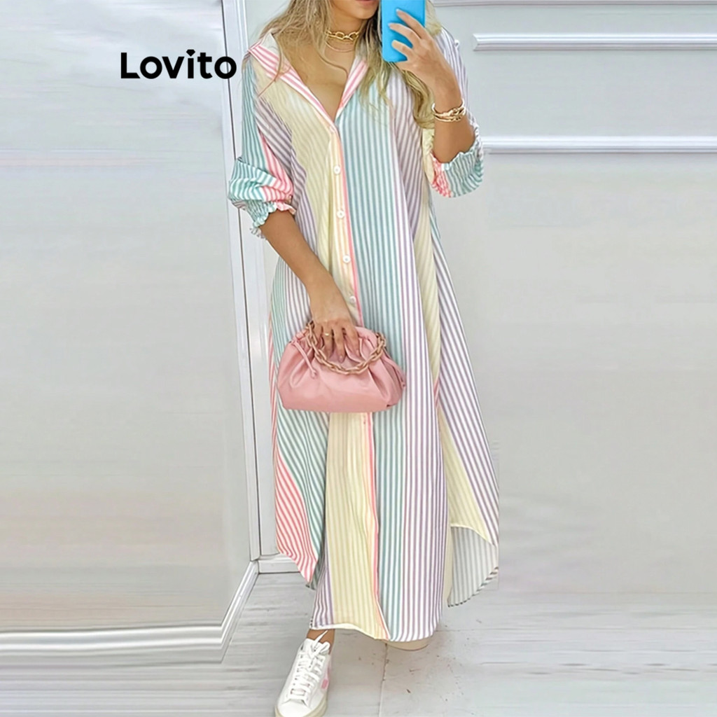 Lovito เดรสผู้หญิง ลายทาง มีกระดุม สไตล์ลำลอง LNL59134