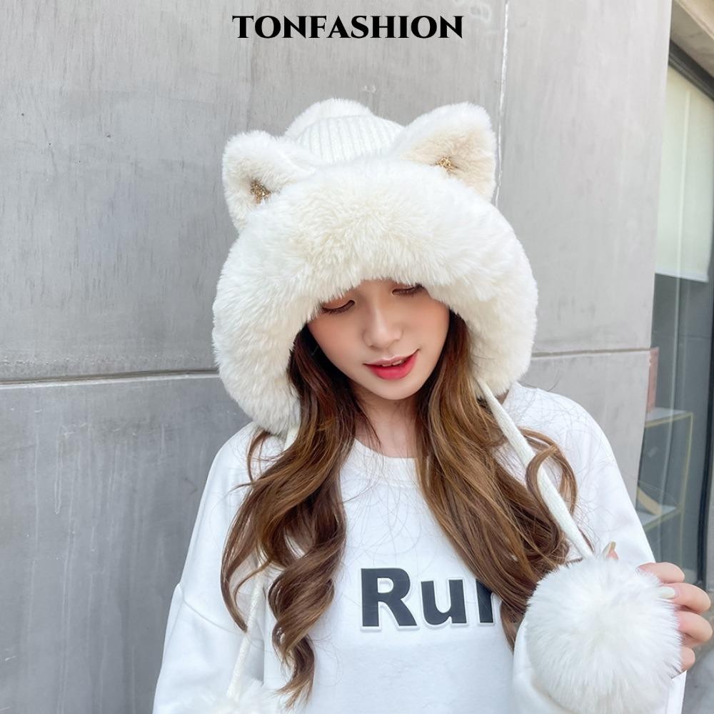 Tonfashion หมวกบีนนี่ขนสัตว์, การ์ตูนแมวหูหมวกถักที่อบอุ่น, น่ารัก Earflap หมวก Plush Fluffy Thicken หมวกผู้หญิง