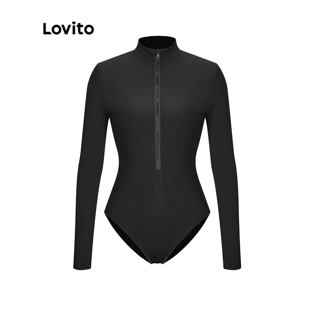 Lovito บอดี้สูทแขนยาว มีซิป สีพื้น สไตล์ลำลอง สำหรับผู้หญิง LNE01039 (สีดำ)