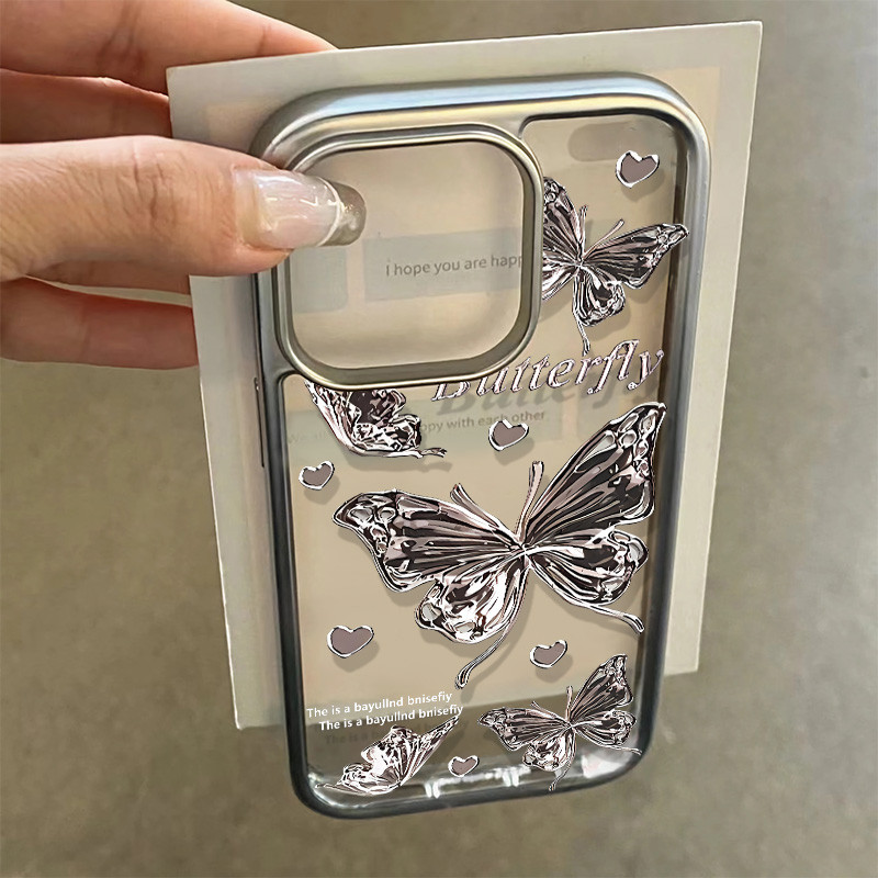 แฟชั่น Silver Love Heart ผีเสื้อเคสโทรศัพท์สําหรับ IPhone 15 14 13 12 11 Pro X XR XS MAX 7/8 Plus Se2020 ซิลิโคนอ่อนนุ่มกันกระแทกขั้นสูงกรณีทน