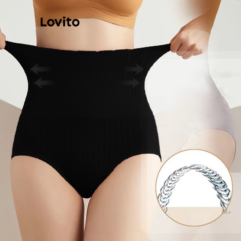 Lovito กางเกงชั้นใน ลำลอง เบสิก สีพื้น ปรับรูปร่าง สำหรับผู้หญิง LNA16232 (สีกากีอ่อน/ดำ)