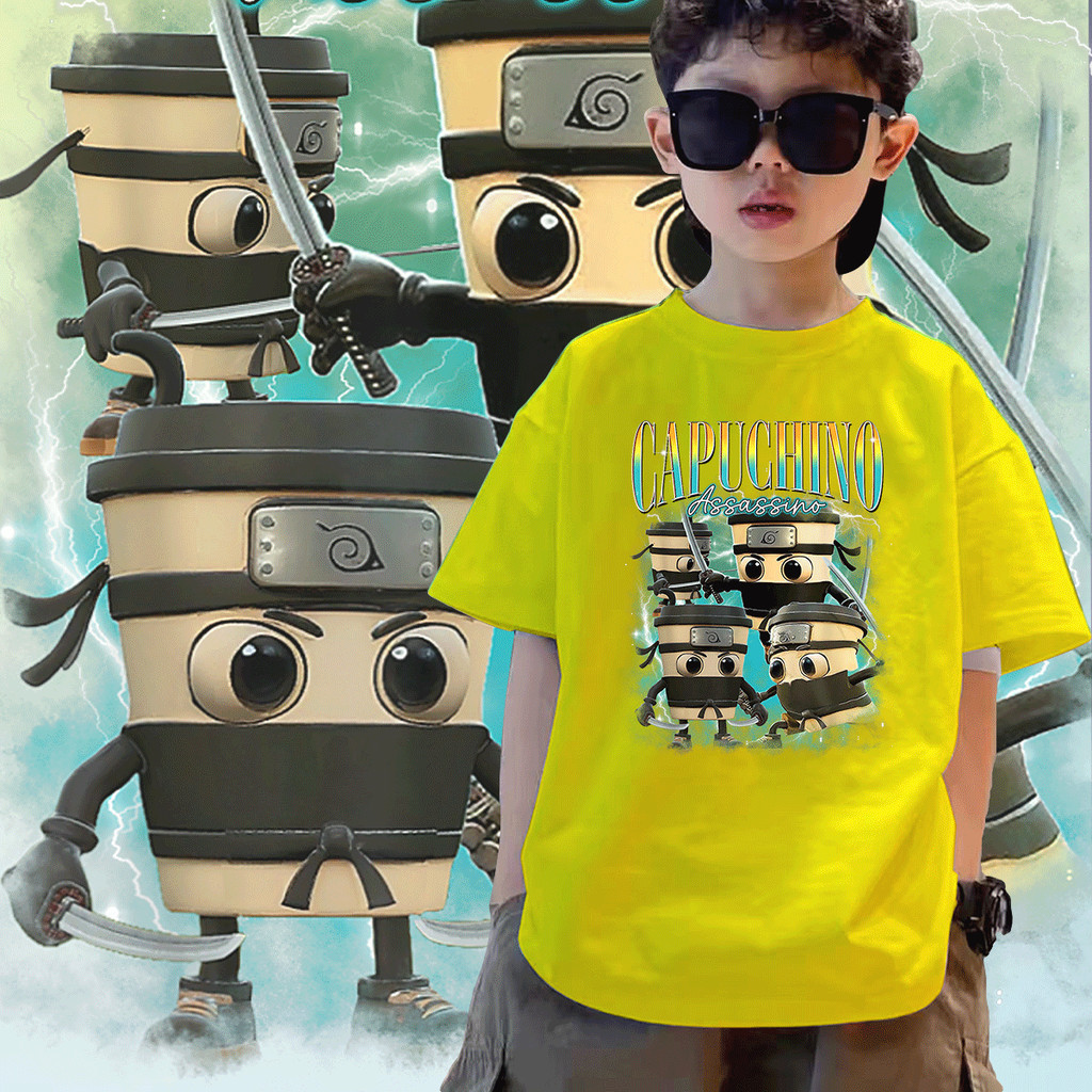 เสื้อยืดเด็ก Cappuccino Assassino Coffee Italian Brainrot Meme Children's T-shirt 8 สีใหม่ 100-150cm