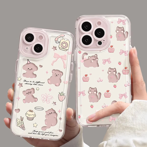 HL| เคส สำหรับ iPhone 6 6s 7 8 Plus X Xr Xs Max 11 12 13 14 15 16 Pro Max โบว์จี้โซ่เค้กแมวหมีช้างใส