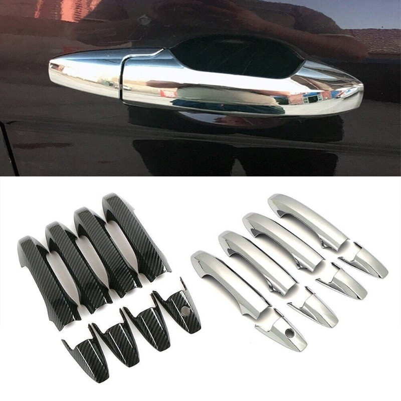 8 ชิ้นคาร์บอนไฟเบอร์/โครเมี่ยมภายนอกรถมือจับประตู Bezel ฝาครอบ Trim Protector ABS สติกเกอร์อุปกรณ์จั