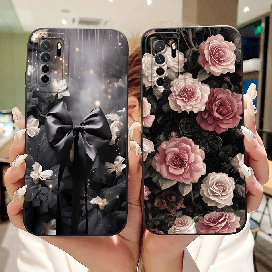 สําหรับ Huawei Nova 7 SE 5G / P40 Lite (5G) CDY-NX9A CDY-NX9B โบว์สวย Rose ภาพวาดเลนส์ป้องกันซิลิโคน