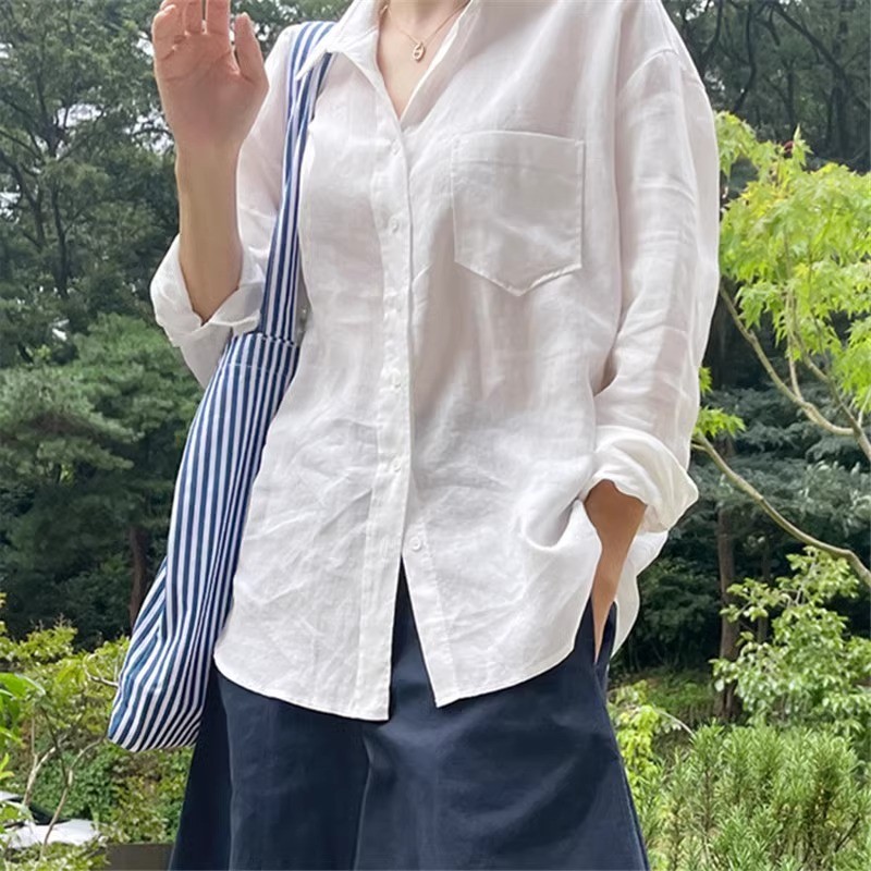 เสื้อเชิ้ตแขนยาวสีขาวผ้าฝ้ายแท้และผ้าลินิน เท็นเซล สำหรับ 여성 ในสไตล์หลวมๆ ป้องกันแสงแดดนี้