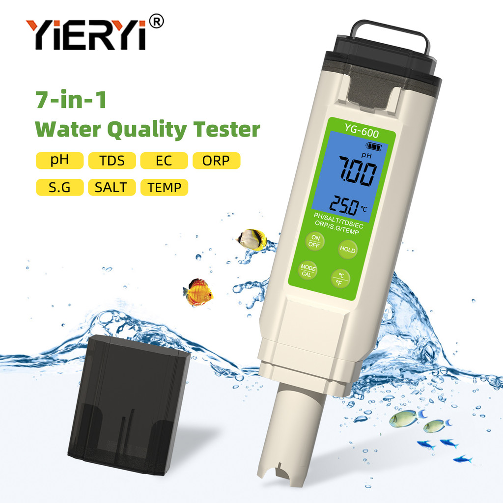 YIERYI 7 in 1 เครื่องวัดคุณภาพน้ํา TDS/EC/ORP/SG/TEMP/PH Meter IP67 การชดเชยอุณหภูมิกันน้ําสําหรับความเค็มอาหาร ,ถังปลา,สระว่ายน้ํา,ห้องปฏิบัติการ,เครื่องย่อย