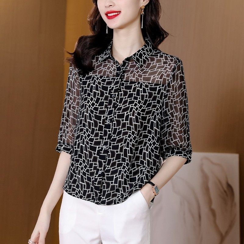 เสื้อชีฟองกลางแขนเสื้อ 2023 Chic ผู้หญิงสไตล์บางออกแบบ Niche French High-End Hot Products150710