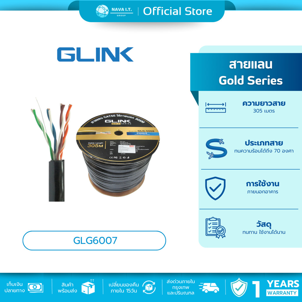 🛵มีส่งด่วน💨 GLINK GLG6007 OUTDOOR CABLE + POWER สายแลน ภายนอก พร้อมไฟ CAT6 GOLD SERIES ความยาว 305เม