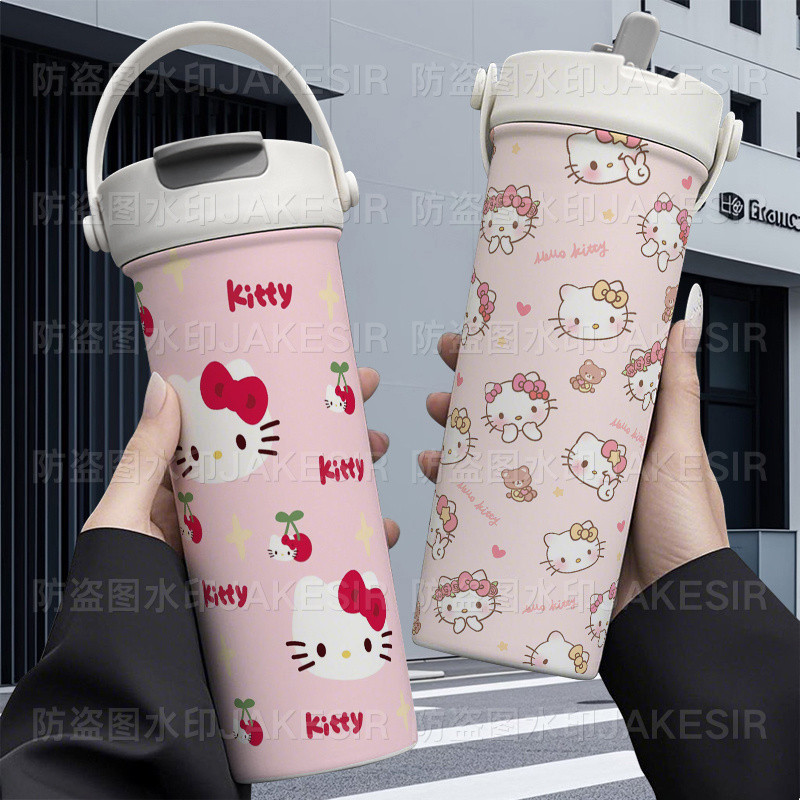 Hello Kitty Kitty Merchanded ถ้วยเก็บความร้อนแบบพกพา 316 หลอดสแตนเลสดื่มคู่ความจุขนาดใหญ่ถ้วยชากาแฟ