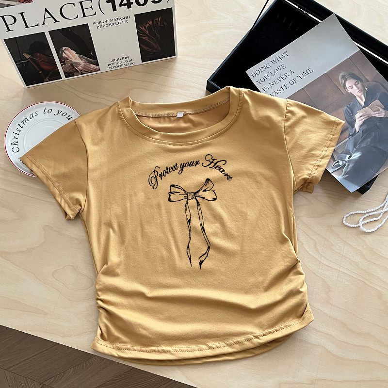 G03-09 เสื้อยืดแขนสั้นพิมพ์ลายโบว์ยาว สุดน่ารัก แนวเกาหลี หลายไซส์ ผ้านิ่มสวมใส่สบาย ใส่ได้ทุกโอกาส ราคาถูก - รูปที่ 4