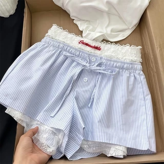 🩵ส่งไวจากไทย🩵ผู้หญิง ลายริ้ว-ปักลูกไม้ กางเกงขาสั้นเอวยางยืด แต่งกระดุม ทรงสวยทรงแปะ ผ้าใส่สบาย