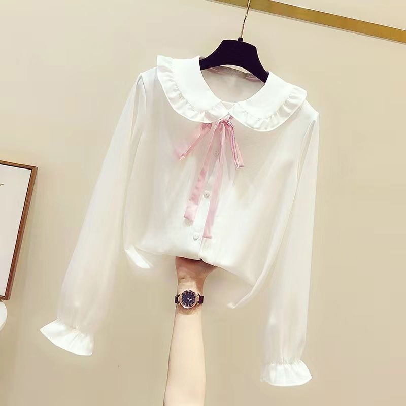 เสื้อเบลาส์คอปกแพนปีเตอร์เร้าใจสําหรับเด็กผู้หญิง 110-160 - เสื้อเชิ้ตโบว์เน้นสไตล์เกาหลี