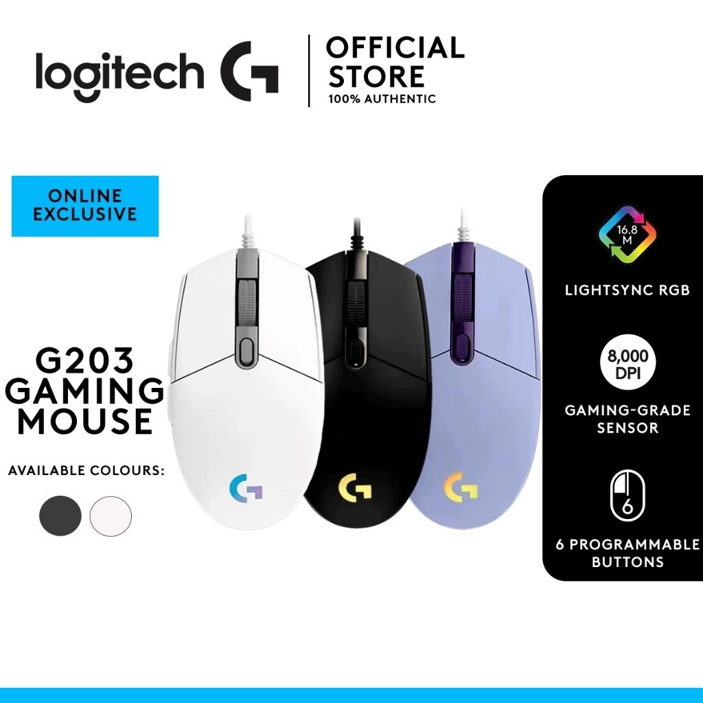 Logitech Gaming Mouse G203 8,000 DPI, Rainbow Optical Effect LIGHTSYNC RGB เมาส์สําหรับเล่นเกมแบบมีส