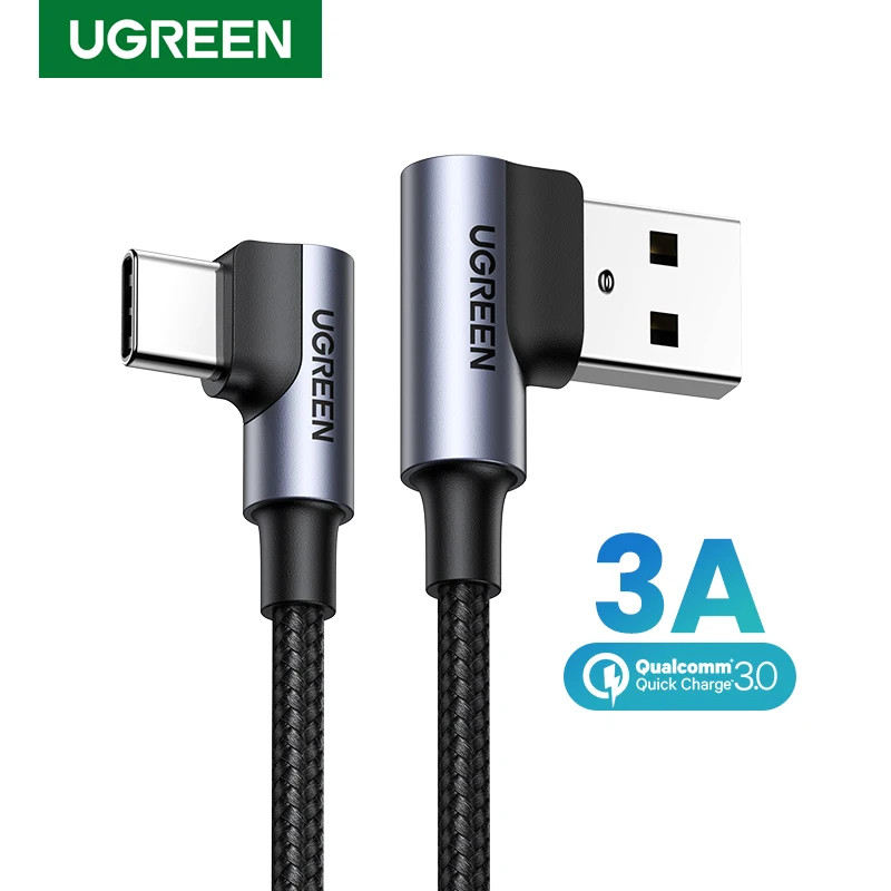 Ugreen ไนลอน USB C สาย 90 องศา Fast Charger USB Type C สําหรับ Xiaomi Mi 8 Samsung Galaxy S9 Plus โทรศัพท์มือถือ USB-C สายไฟ
