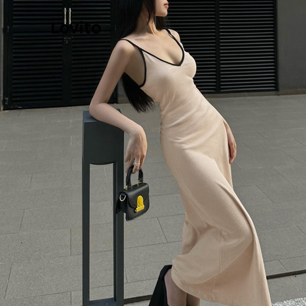 (Trendy) Lovito ชุดลําลอง ชุดเดรสคอปกผูกพันสีตัดกันธรรมดาสําหรับผู้หญิง L106AD304