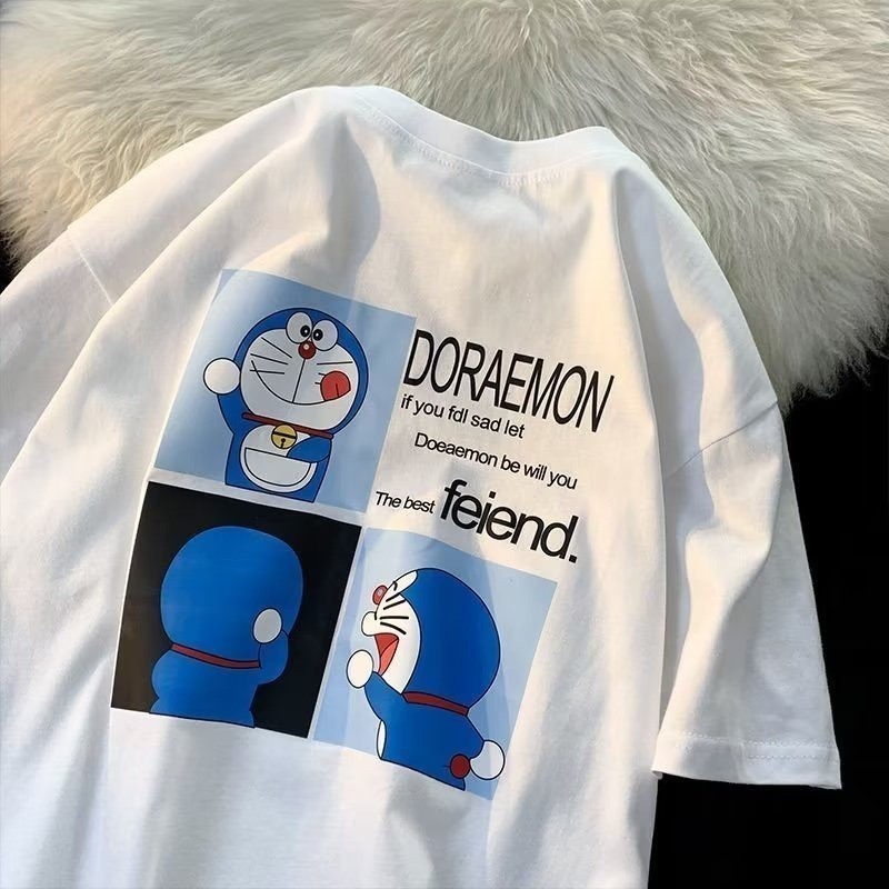 เสื้อยืดโดราเอมอนแบบการ์ตูน ผลิตจากเนื้อผ้าฝ้ายแท้ ขนาดสำหรับทั้งผู้ชายและผู้หญิง แขนสั้น