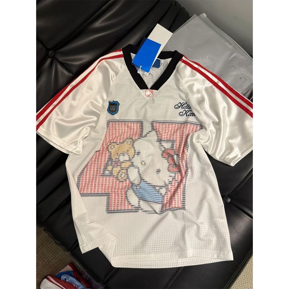 เสื้อแจ๊คเก็ต F & X American Jersey Top แบบ Retro Kitty Cat แขนสั้นสำหรับฤดูร้อน ออกแบบวินเทจสำหรับผู้หญิง