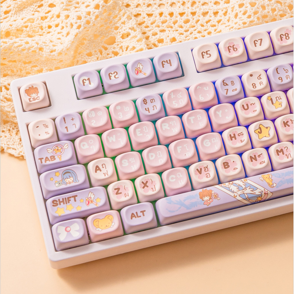 การ์ตูน Sakura Keycaps ไทยภาษาอังกฤษ MOA โปรไฟล์ Rainbow สีชมพู DYE-SUB PBT วัสดุ 130 คีย์สําหรับแป้