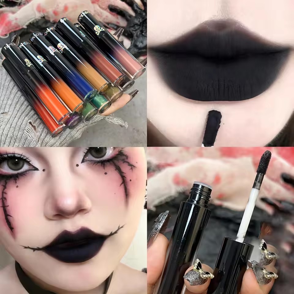 Gothic Matte Black Lipstick - Waterproof Vampire Dark Lip Gloss Velvet Liquid Lip Tint สําหรับ Hallo