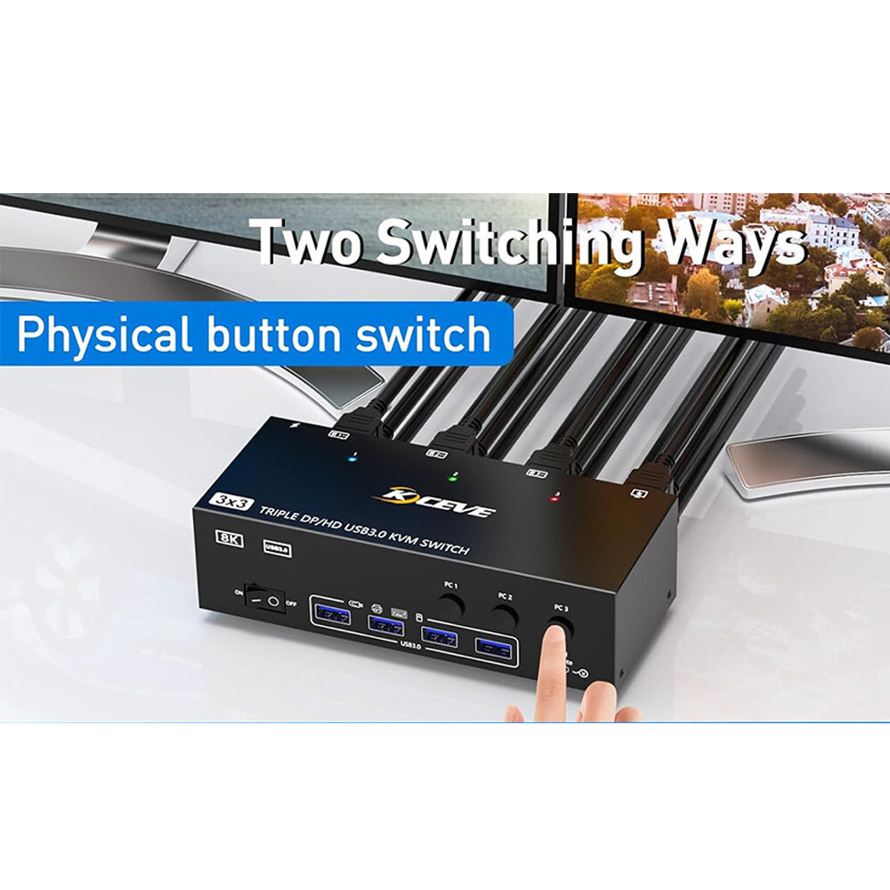 8K HDMI KVM Switch สําหรับ Triple Monitors และอุปกรณ์ USB