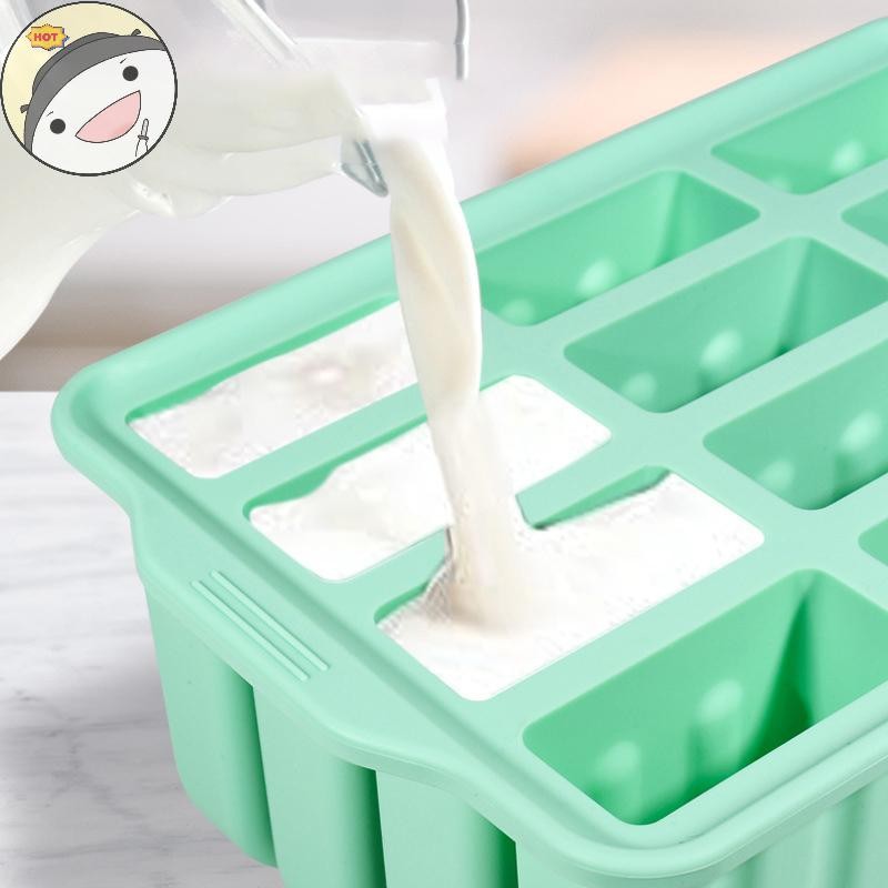 Lanf 12 แม่พิมพ์ไอศกรีมหั่นง่าย Demold ซิลิโคน Popsicle ถาดสําหรับตู้แช่แข็งโฮมเมด ICE Cube พร้อมฝาปิดห้องครัวขนมหวาน EN