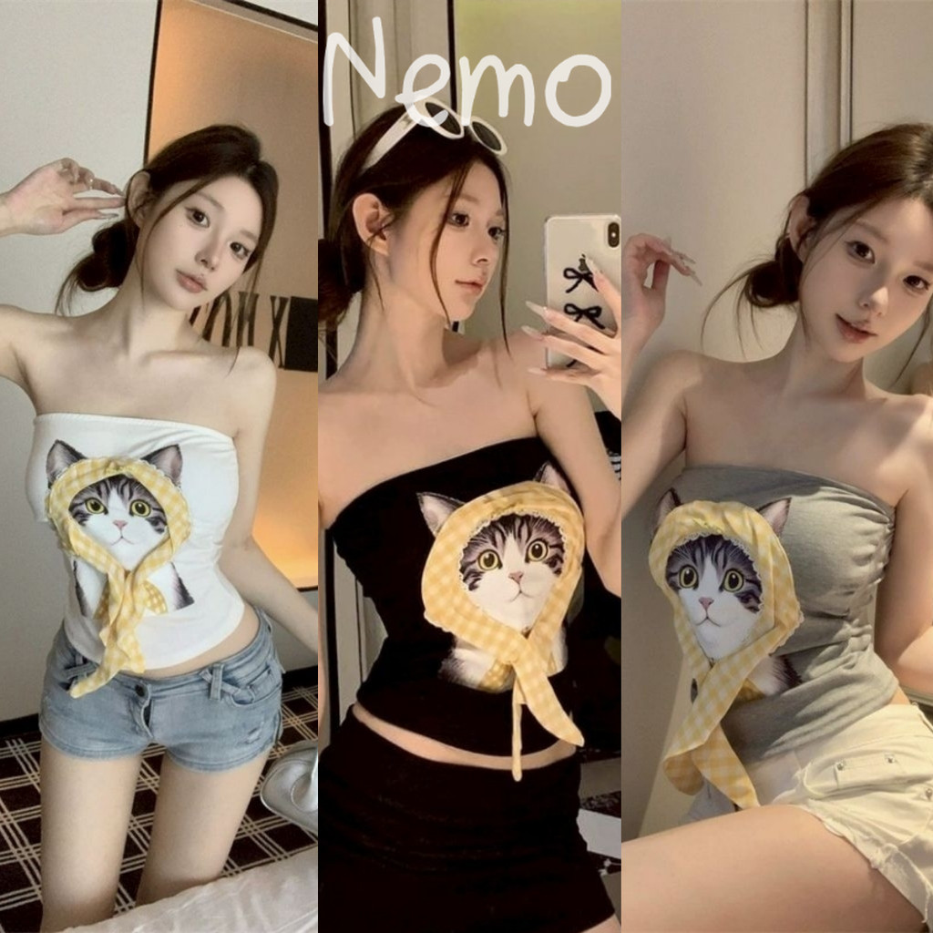 Nemo store🌸#FY5548#1 เสื้อเกาะอกลายน้องแมวเมี๊ยว เสริมฟองน้ำ น่ารักๆ สีหวานๆ