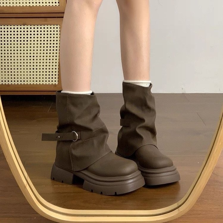 แฟชั่นสไตล์ใหม่สไตล์อังกฤษฤดูใบไม้ผลิฤดูใบไม้ร่วงสุภาพสตรีสีทึบหนาSoled Anti-Slipทนต่อการสึกหรอยืดหยุ่นสั้นหลอดแฟชั่นรองเท้าแขนกลางส้นรอบToe Puff-Soled PU Bo
