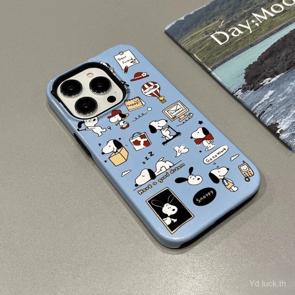 การ์ตูน Snoopy เคสโทรศัพท์เคลือบน่ารักและสนุกเหมาะสําหรับ iPhone 16 15pro 14promax 13 12pro 11promax 16pro 15plus 14pro 7plus 2-in-1 เคสกันกระแทก