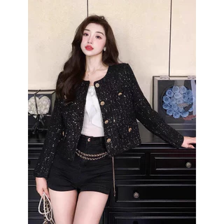 เสื้อทวิต คาร์ดิแกน กระดุม เบลเซอร์ เสื้อคลุม สไตล์หรูหรา สีดํา สไตล์เกาหลี มีกระเป๋า ผู้หญิง แจ็คเก็ต มีกระเป๋า