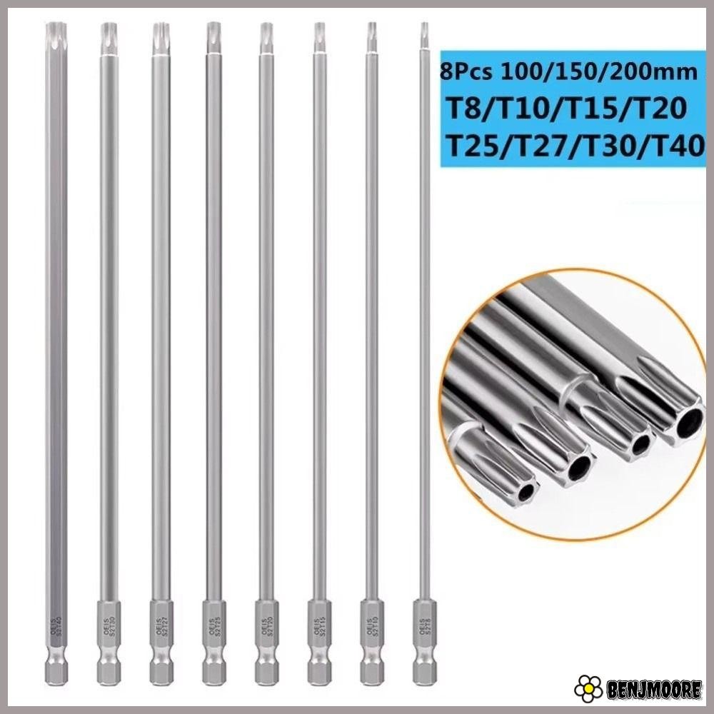 BENJMOORE 8PCS Torx ไขควงชุด Bit, T8-T40 1/4 นิ้ว Hex Head Allen ประแจเจาะ Bits ชุด, อุปกรณ์ฮาร์ดแวร์ 100 มม.150 มม.200 มม.ซ็อกเก็ตไขควงบิต DIY โครงการ