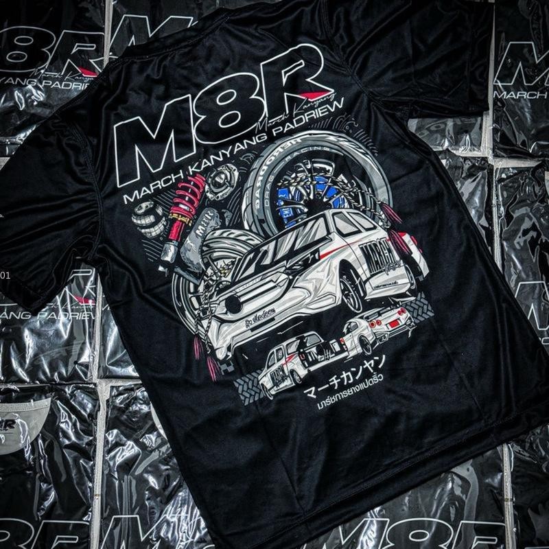 เสื้อยืดสีดำลายสโลแกน M8R สไตล์รถแต่ง ทำจากผ้าระบายอากาศแห้งไว สวมใส่สบาย
