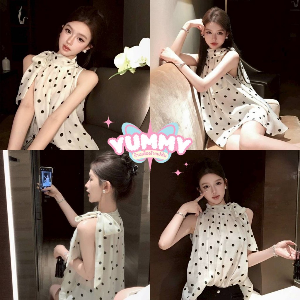 🎀Yummy Shop🎀พร้อมส่ง (FY2916) เสื้อแขนกุด ลายตุด ผ้าซีทรู สีครีม สไตล์เกาหลี ผ้าทิ้งตัว