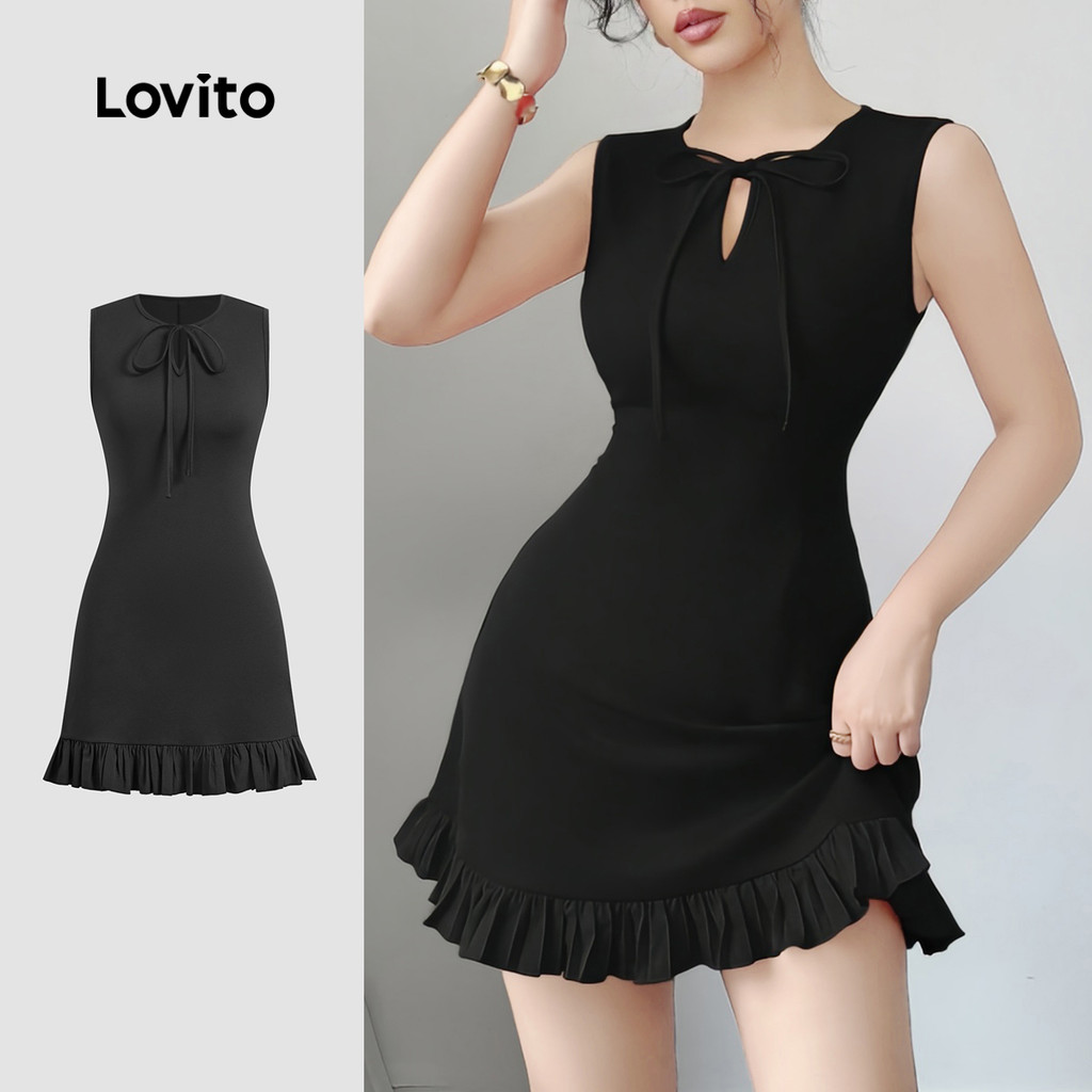 Lovito ชุดเดรสสุดหรูทรงโปโลเกาะอกชายระบายโค้ง ปักลูกไม้ด้านหน้า สีดำ ฤดูใบไม้ผลิ/ฤดูร้อน L142ED957