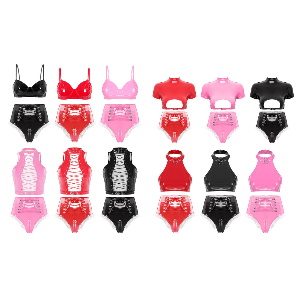 ผู้หญิง Glossy เปียกดูชุดชั้นในชุด Bra Lace-up Frilly ชุดชั้นในสิทธิบัตรหนังชุดชั้นใน Pole Dance Clu