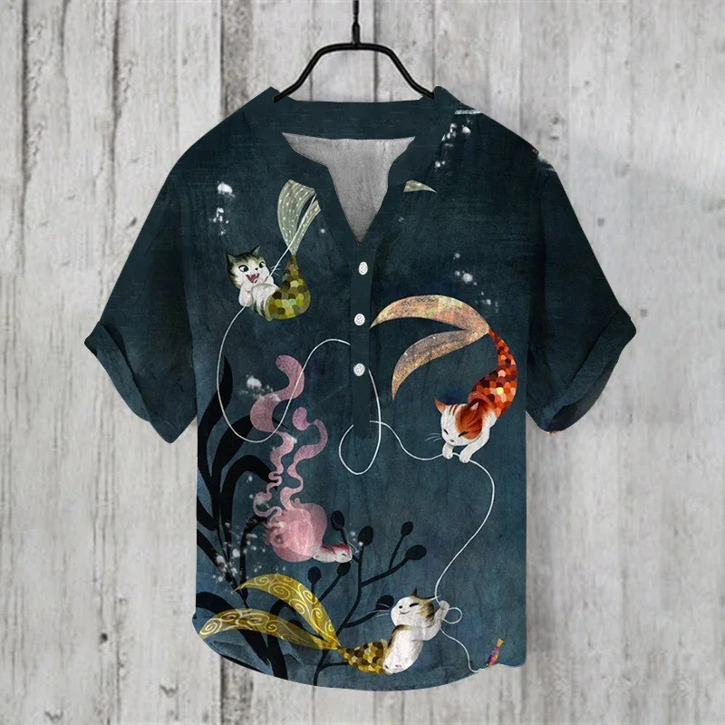 เสื้อแขนสั้นสไตล์ญี่ปุ่นวินเทจ พร้อมลายพิมพ์ศิลปะ สำหรับผู้ชาย สบายและเหมาะสวมใส่ในฤดูร้อน