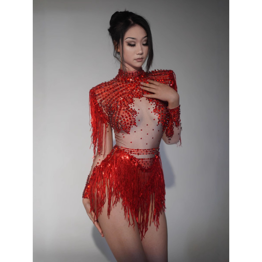 ชุดบอดี้สูทผู้หญิงเซ็กซี่ประดับพู่ระยิบระยับ ชุดเต้นละติน ชุดแสดง ชุดออกงานกลางคืน ใส่ผับ บาร์Ch025
